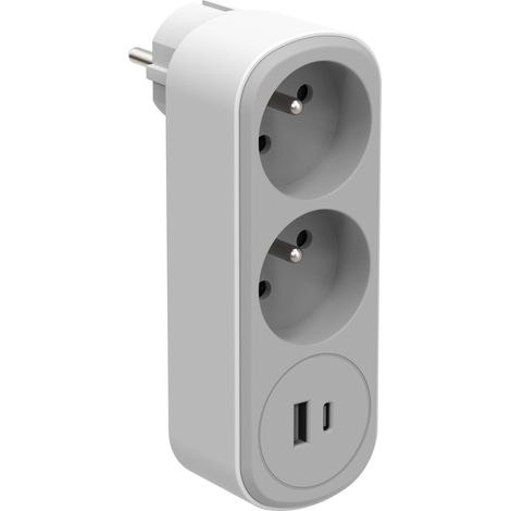 Adaptateur Fiche Multiprise Biplite 2 Prise 16A avec 2 USB (1 type A+ 1 type C) 17W, Blanc/Gris (1/5)