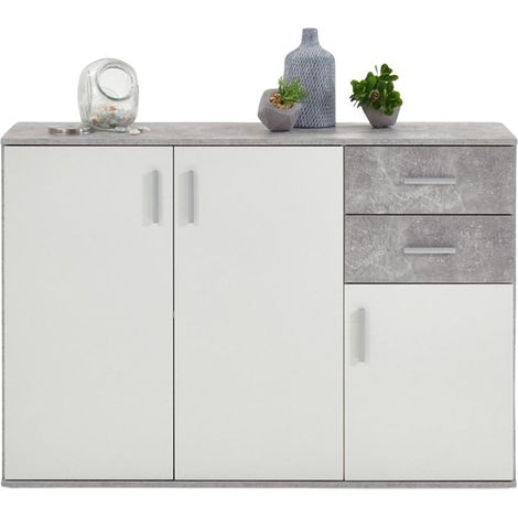 Buffet 3 portes et 2 tiroirs 120 cm gris béton et blanc - FONZY (1/5)