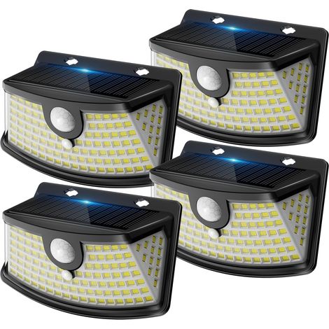 Lampe Solaire Extérieur 4-Pack - 120 LEDs IP65 étanche, Détecteur de Mouvement 8m, 270° Wide Angle, Batterie Lithium, lumière solaire extérieur, Coque Noire, Lumière Froide (1/5)