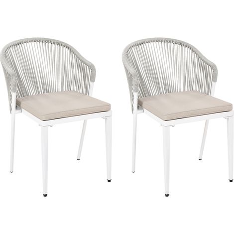 Conjunto 2 sillas de jardín modernas con cojines estructura de metal respaldo de cuerda blanco crema Paranea (1/5)