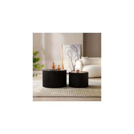 DESMIU Table basse gigogne ronde avec 2 tables et structure emboîtable, plateau strié, pour salon, en MDF, noir (1/5)