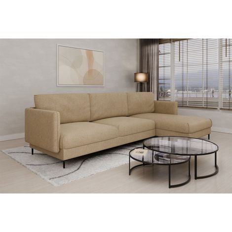 Ecksofa Designersofa HELMER Stoff Baloo Beige Ottomane Rechts