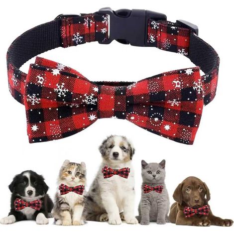 Collier de Noel Chien Chat, Collier Chien Chat avec Noeud Papillon, Collier Chien Noel, Rouge Colliers de Chats à Carreaux de Noel (1/5)