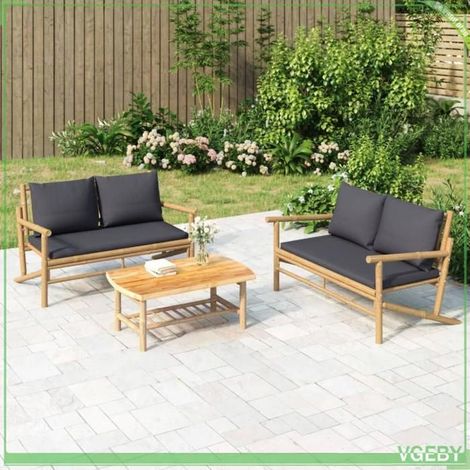 Salon de jardin 3 pcs - FAFEICY - 3156472 - Bambou naturel - Coussins gris foncé - Modulable (1/5)