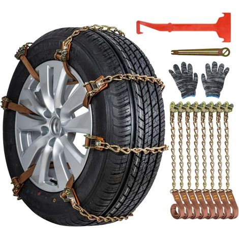 RHG Chaînes à neige 8pcs Chaînes réglables antidérapantes avec pelle à neige en plastique et gants Facile à installer Chaîne à neige de pneu durable pour voiture, camion, SUV Roadway Snow Roads