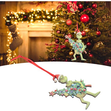 Grinch, monstre vert de Noël, décoration de Noël en bois, tenant un sapin de Noël (1/5)