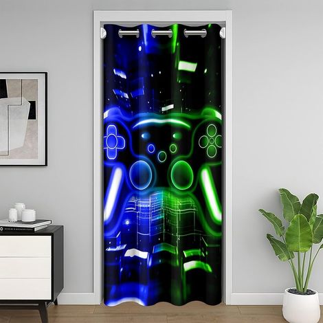 Rideau de Porte Jeu, Rideau Occultant Gamer, Rideaux de Placard Consoles de Jeux Vidéo À Lumière Néon, Rideaux Occultant Cube de Brique Bleu Vert, 86 x 203 cmDécor de Jeux Vidéo - 86L X 203H cm (1 Pan (1/5)