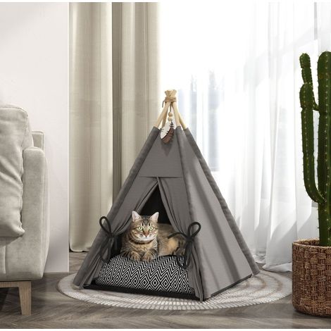 Tente tipi pour chat avec coussin lavable, base antidérapante, 60 x 60 x 76 cm, gris HAVRYA (1/5)