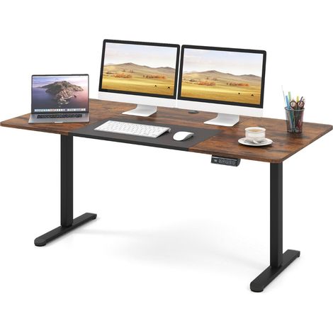 Bureau debout électrique 140 x 70 cm ergonomique avec réglages mémoire design moderne en bois d'ingénierie café