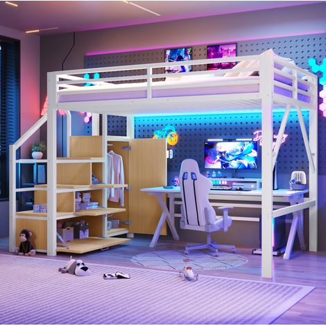 Hochbett 140x200 cm modern aus Metall und MDF Weiß mit Kleiderschrank, Stauraumfächern, Treppe mit Stauraum und LED (1/5)