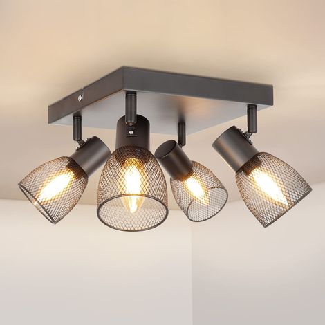 Spots de Plafond Orientable, Plafonnier Spot Noir E14, Spot Cuisine Industriel 60W san Ampoules, Plafonnier 4 Spots Carré Maille Métallique pour Chambre Salon Couloir Salle à manger (1/5)