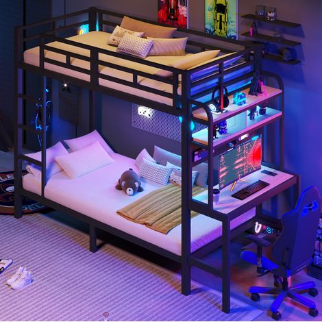 Litera 90x200 cm negra de metal y MDF con escritorio, estantes, LED y USB (1/5)