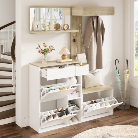Ensemble vestiaire d'entrée 130x30x174cm - avec meuble à chaussures et banc - miroir mural et porte-manteau - Naturel et Blanc