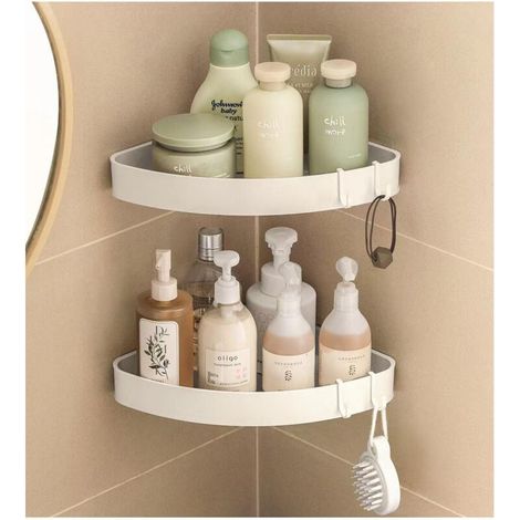 Corner Shower Shelf, Set of 2 No-Drill Corner Shower Shelves, Corner Shower Caddy with 4 Removable Hooks, for Bathroom, Kitchen, White (1/5)