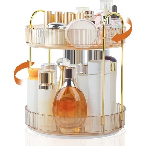 Organiseur de Maquillage Rotatif, Grande Capacité de Rangement à 360 Degrés, Organisateur pour Coiffeuse Carrousel(2 Étages, Ambre) (1/5)