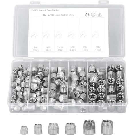 130 pièces inserts filetés 4 types écrous moletés inox assortiment pour voiture machine (1/5)