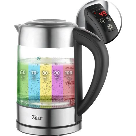 Bouilloire en verre LED, différentes couleurs, écran numérique, 1,7lt, 5 réglages différents, Bouilloire sans fil avec corps en verre à haut borosilicate à 360°, 2200W (1/5)