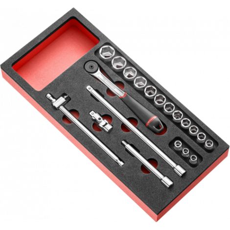 Facom – Coffret cliquet et douilles 3/8" – 14 douilles 6 pans – Cliquet 3/8" avec poignée coulissante – 2 rallonges 125 et 250 mm (1/3)