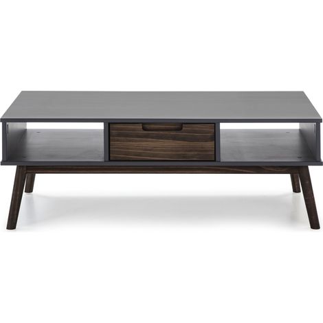 Table basse en pin ciré gris anthracite/marron avec rangements - Longueur 110 x Profondeur 55 x Hauteur 40 cm -PEGANE- (1/5)