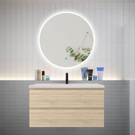 Ensemble meuble vasque L.99cm 2 tiroirs + lavabo + LED miroir rond 90cm,chêne，easy