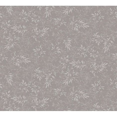 Papier peint feuillage gris sur fond marron Tapisserie florale à feuilles Papier peint style botanique idéal pour salon (1/4)