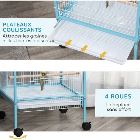 Grande Cage à Oiseaux sur Pied Double avec Mangeoires Perchoirs Plateau Amovible Roulettes 51,5 x 50 x 140 cm Bleu Clair (1/5)