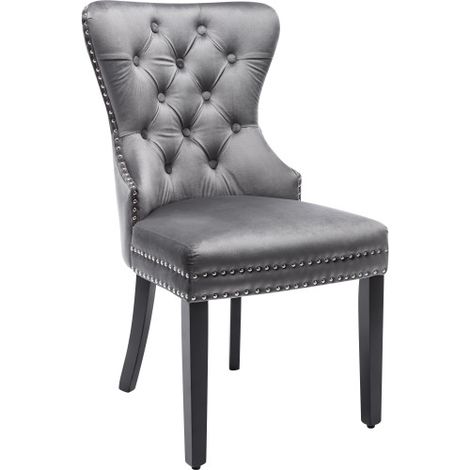 Lot de 2 chaises de salle à manger en velours avec pieds en chêne, boutons, clous chromés et garniture à têtes de clous chaise de chambre, chaise de cuisine, chaise de salon, chaise de détente ,grise (1/5)