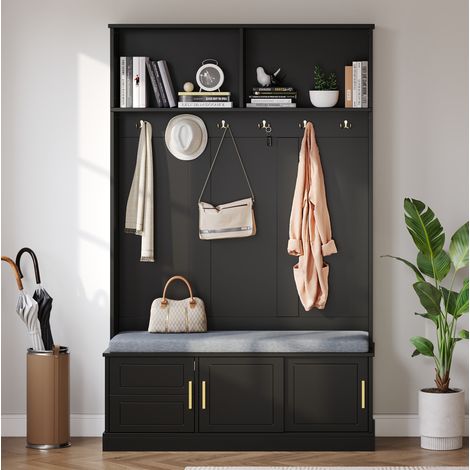 Garderobe für den Eingangsbereich mit Schuhbank, 6 Haken, 120 x 40 x 191 cm, schwarz HAVRYA (1/5)
