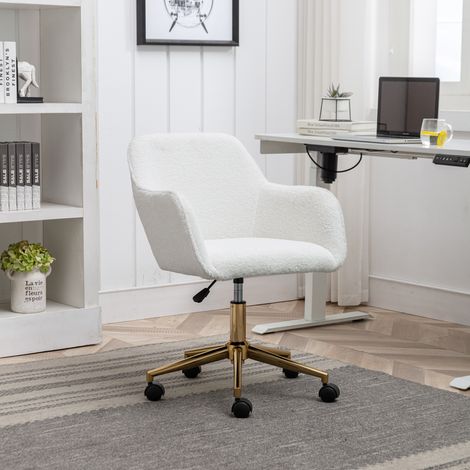 New Teddy Fabric Material Adjustable Height Swivel Home Office Chair For Indoor Office With Gold Legs,White (1/5)