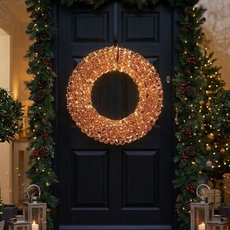 Large Rose Gold Festive Metallic Looped LED Wreath (1/2)