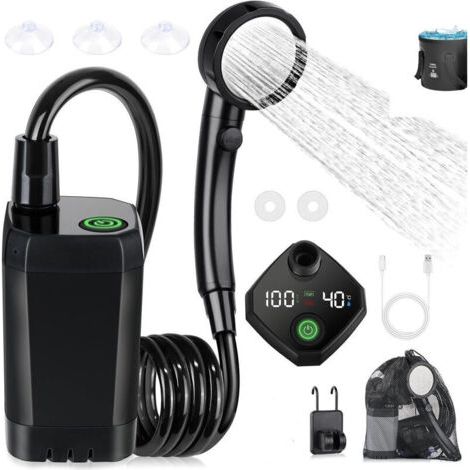 Tragbare Campingdusche (6000 mA), wiederaufladbare elektrische Outdoor-Dusche mit intelligenter Digitalanzeige, Schwarz