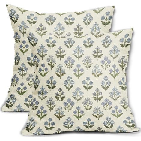 Lot de 2 housses de coussin bleu vert block print 45 x 45 cm. style floral printanier vintage. style bohème. décoration rustique. idéal pour un canapé ou un lit. (1/4)