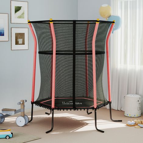 Trampolino per bambini, Ø163,5 cm, con rete di sicurezza, imbottito, in acciaio, portata massima 50 kg, nero e rosso