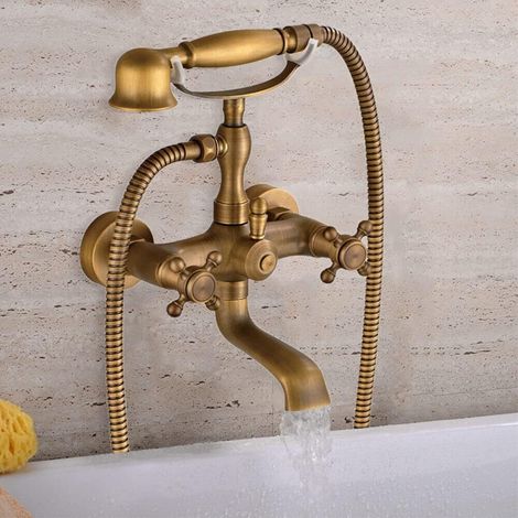 Retro Badewannenarmatur, Antik Messing Wand Badewanne Wasserhähne, 360° Schwenkbarer Auslauf Mit Handbrause Retro Bad Dusche Set Mit Doppelter Griff Duscharmatur für Das Badezimmer