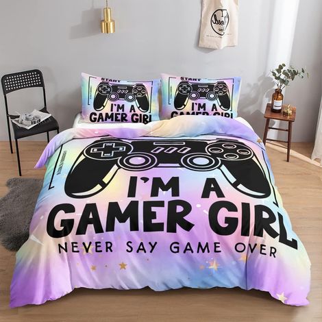 Ensemble de literie Gamer Girl motif manette 155x220cm 2 taies d'oreiller 80x80cm
