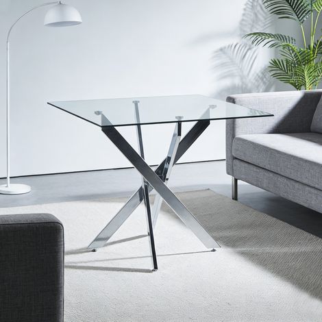 mesa comedor de cristal y metal color plata OKMYHOME (1/4)