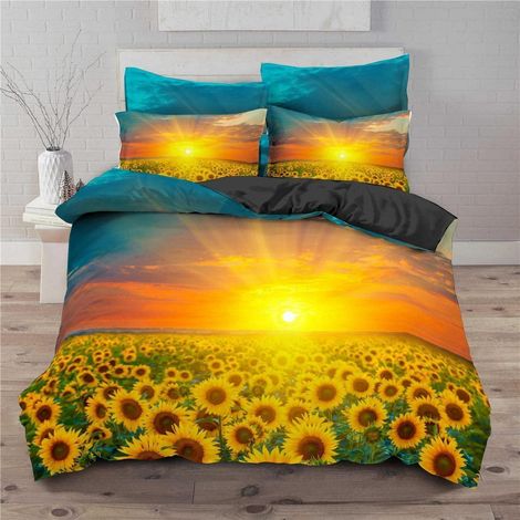 Bettwäsche Set 200x200cm mit 2 Kissenbezügen 80x80cm, Sonnenblumen Motiv, Mikrofaser