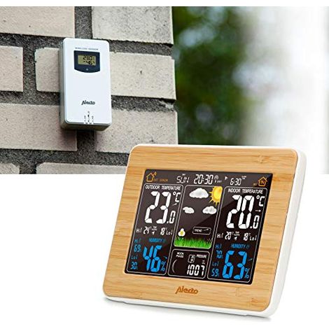 Alecto WS-1560 Estación meteorológica inalámbrica con pantalla a color y sensor exterior – Temperatura interior y exterior – Humedad – Barómetro – Pronóstico meteorológico animado – Madera