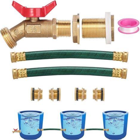 Ensemble robinet et raccord pour réservoir d'eau de pluie, vanne à bille quart de tour en laiton avec raccord traversant, deux tuyaux de 33 cm et quatre raccords traversants pour le réservoir d'eau de (1/5)