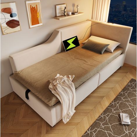 Cama diván tapizada en terciopelo beige 90x200 cm con arcón hidráulico, luz de lectura y USB-C (1/5)