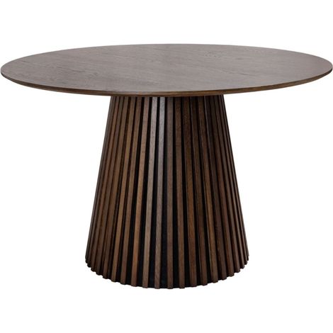 Mesa de comedor KANOVA 120 cm – Tablero redondo de roble oscuro y pie central de diseño – Estilo contemporáneo