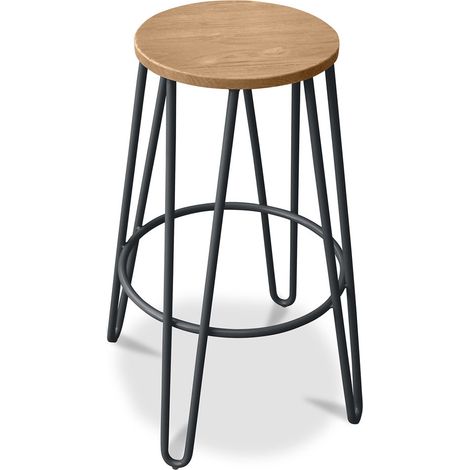 Runder Hocker - Industriedesign - Holz & Metall - 66cm - Hairpin Dunkelgrau
