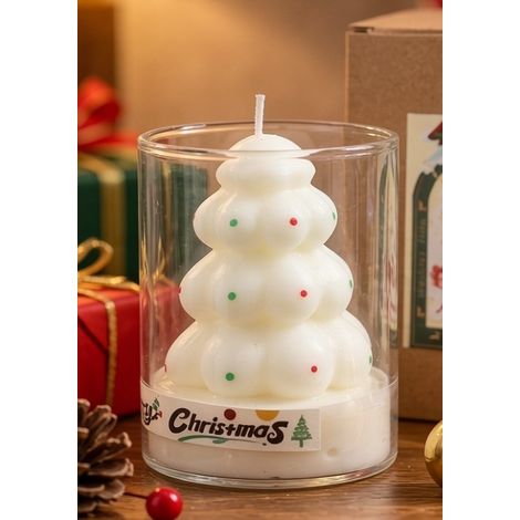 Bougie de Noël sapin blanc à pois colorés sous verre, décoration intérieure hivernale (1/2)