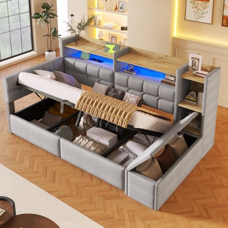 VVBV Lit banquette convertible 90 x 200 cm, éclairage LED, ports USB et USB-C, coffre relevable, rangements intégrés, gris