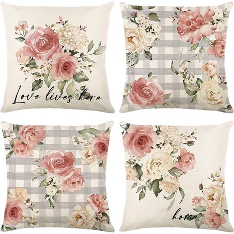 Housse De Coussin 45x45 Cm - Lin Tissé Artificiel - Décoration Printanière Pour Intérieur Et Jardin - Lot De 4 (1/5)