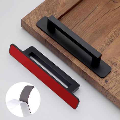 Lot de 2 poignées d'armoire carrées autocollantes noires mates de 128 mm avec plaque de base, poignées d'armoire en aluminium, adaptées aux porte (1/5)