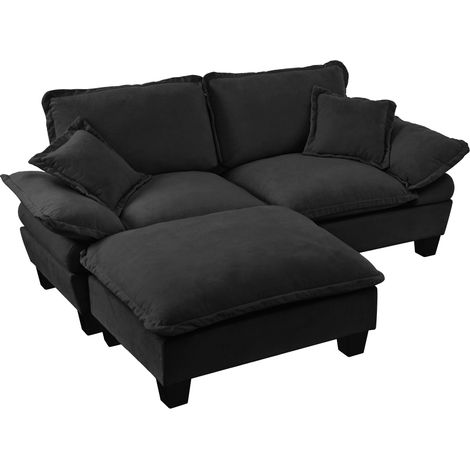 Canapé d'angle modulaire noir en tissu chenille avec ottomane amovible et coussins doux (1/5)