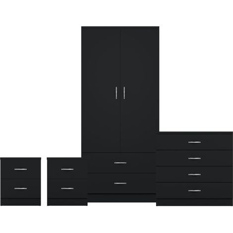 Riano 4 Piece Bedroom Set (2 Drw Bedside Chest, 4 Drw Chest, 2 Door 2 Drw Wardrobe), Black (1/3)