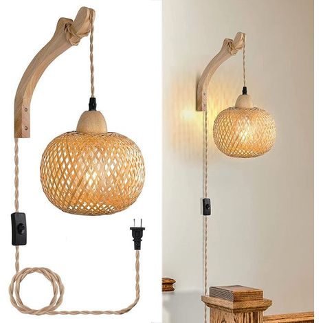Bambuslaterne Plug-in-Wandleuchter mit Plug-in-Kordel, handgewebte Rattan-Wandleuchte, rustikale Boho-Wandleuchte