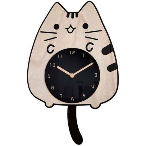 Wanduhr aus Holz „Wedelnde Katze“ – Cartoon, geräuschlos und kreativ – fürs Kinderzimmer – mit Pendel (1/5)